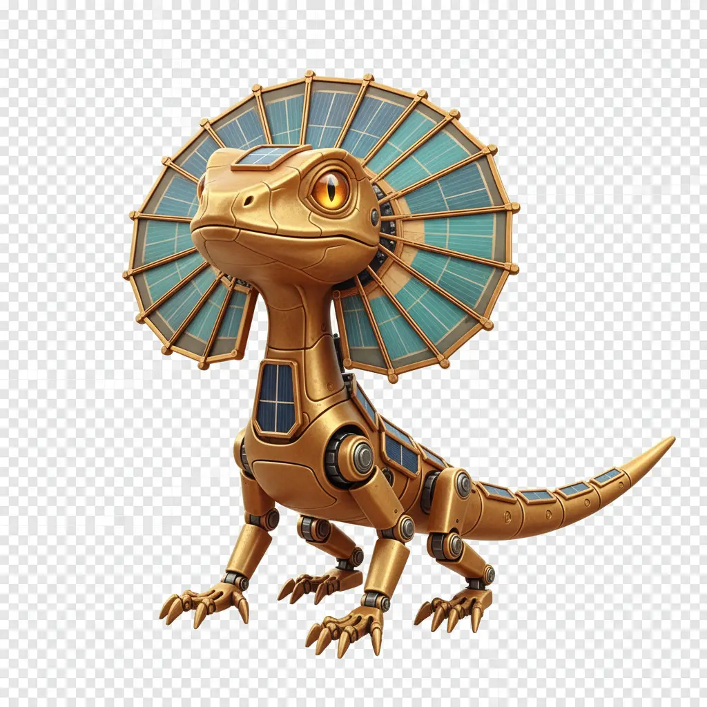 A stylized robotic frilled-neck lizard